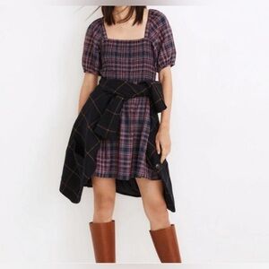MADEWELL SZ Lg Lucie Puff-Sleeve Smocked Mini Dress in Rockfern Plaid So Pretty